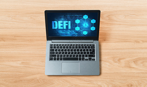 现代计算机屏幕上的分权金融或DeFi概念互联网男人职场密码学合同硬币货币平台程序药片图片