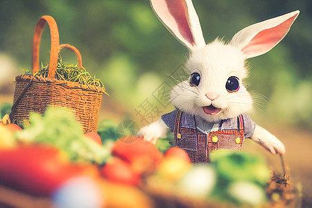 三维化成可爱的小兔子农民 穿着内衣 在花园装满蔬菜蛋和东边鸡蛋卡通片卡片庆典耳朵哺乳动物草地宠物场地艺术工作服图片