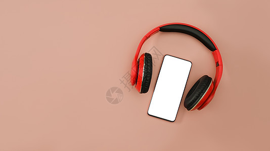 在粉红色背景上模拟智能手机 耳机 麦克风和笔记本 广播 播客 博客和技术概念图片