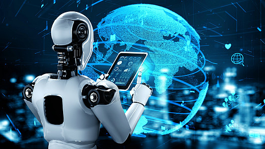 机器人iconAI公司控制的互联网连接 由人工智能机器人类和机器学习过程控制科学3d安全媒体社交电脑渲染电子人软件数字背景