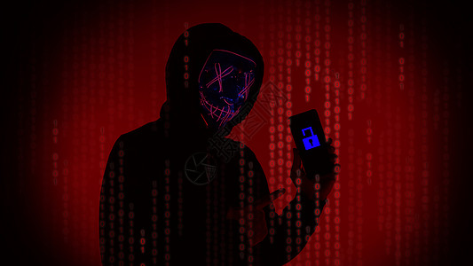 数字安全概念 隐形黑客戴着智能手机面具的匿名黑客人士检测个人扫描互联网机密技术商业隐私攻击图片