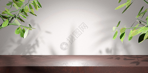 品牌展览的空红石桌面 抽象平面墙背景与热带树叶在侧面和阴影叶效果 3D 渲染图图片