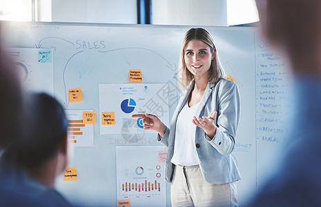 商务会议 车间规划和团队领导导师的白板上的销售女性 营销和财务演示 经理演讲者谈话 培训和致力于愿景战略理念图片