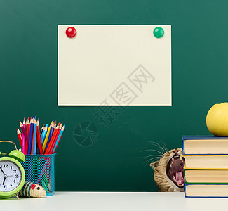 一张空的绿色粉笔板和桌子角落里的一只打哈欠猫 返回学校图片