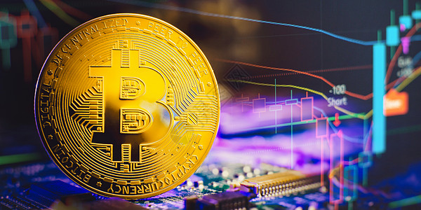 Bitcoin 金币在计算机电路板上的比特币金硬币 横幅复制空间硬币金子贸易金属方案电容器货币支付互联网商业图片