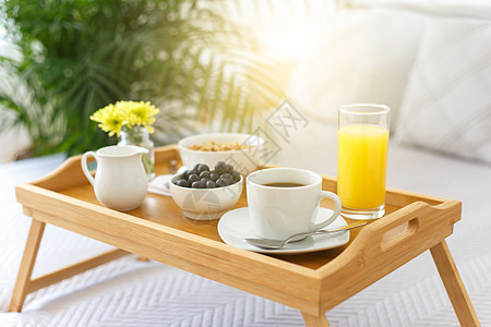 床边有早餐的木质餐盘闲暇牛奶营养棕榈阳光服务小吃房间毯子橙子图片