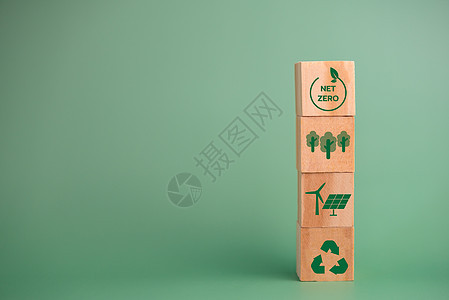 净零绿色技术创新生态碳可再生能源商业概念 配有木块块板 (单位 美元)图片