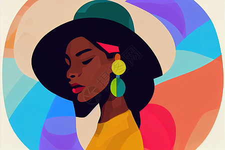 身戴耳环和帽子 彩色插图的年轻黑人妇女图片