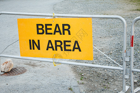 黄色警示标志“熊在地区”告知了省级公园附近小径附近的野生生物活动情况背景图片