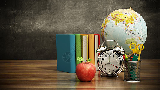 红苹果 书籍 铅笔持有者 模型地球和绿板上的闹钟项目课程笔筒大学学生教育学校知识统治者孩子图片