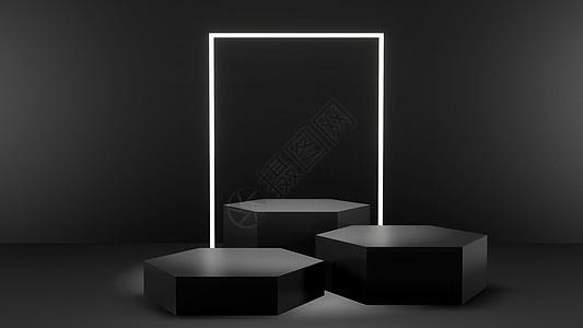 3份黑色背景和产品讲台常务演播室平台金属渲染陈列柜商业3d房间工作室奢华插图图片