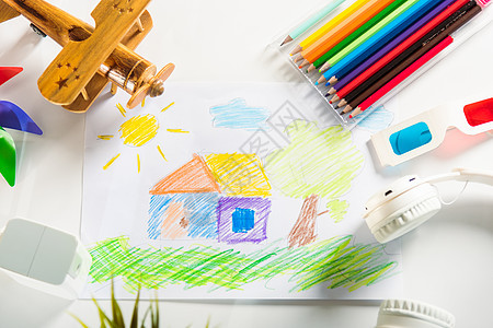 儿童色彩多彩的绘画风景 我的白纸上家庭梦桌子幸福托儿所家庭女儿毛毡育儿太阳教育幼儿园图片