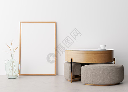 现代客厅白墙上的空垂直相框 以极简主义 斯堪的纳维亚风格模拟室内装饰 图片的自由空间 木桌 玻璃花瓶中的干草 3D 渲染图片