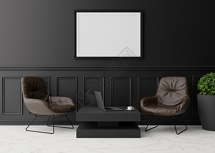 现代客厅黑墙上的空水平相框 模拟经典风格的内饰 自由空间 复制空间为您的图片 棕色皮革扶手椅 桌子 植物 3D 渲染图片