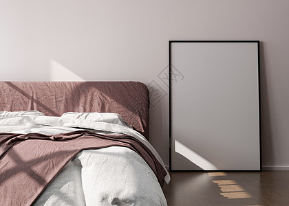 在现代卧室的木地板上站立的空垂直相框 以极简主义 现代风格模拟室内装饰 图片或海报的可用空间 床 阳光 3D 渲染图片