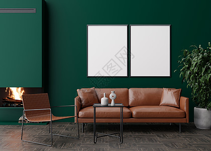 现代客厅深绿色墙上的两个空垂直相框 模拟现代风格的室内装饰 图片 海报的自由空间 沙发 扶手椅 壁炉 植物 3D 渲染图片