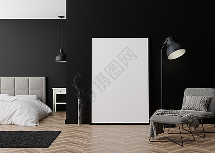在现代卧室的镶木地板上站立的空垂直相框 以极简主义 现代风格模拟室内装饰 图片或海报的可用空间 床 扶手椅 台灯 3D 渲染图片