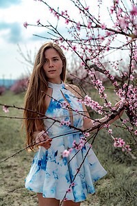 穿蓝裙子 长头发的年轻美女 正在享受着盛开花蜜桃树快乐花园女性女孩植物黑发香气公园露天蓝色图片