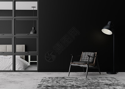 现代客厅里空荡荡的黑墙 模拟现代阁楼风格的室内装饰 免费复制您的图片 文本或其他设计的空间 黑色皮革扶手椅 水泥地板 3D 渲染背景图片