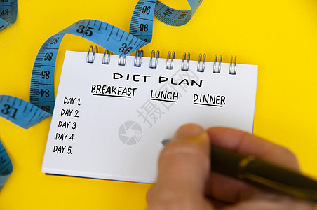 白纸条上的饮食计划 用黄色背景的蓝色测量胶带记录黄底色图片