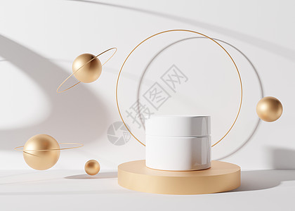 白色和空白的无品牌化妆品奶油罐站在带球体的金色讲台上 白色背景上的护肤产品介绍 豪华样机 带复制空间的罐子 3D 渲染图片
