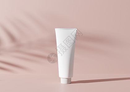 白色和空白的无品牌化妆品奶油管 带有植物阴影 粉红色背景的护肤产品介绍 豪华样机 带复制空间的管 3D 渲染图片