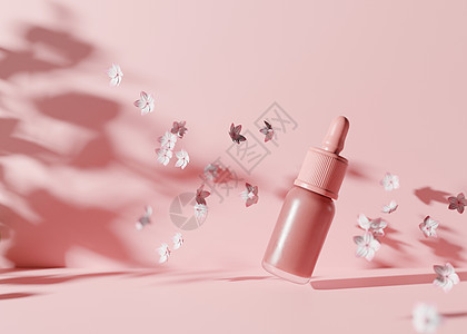 粉红色背景的粉红色玻璃瓶化妆品液体 凝胶与花朵在空中飞舞 空白 无品牌滴管瓶 透明质酸 油 血清 护肤品 3D 渲染图片