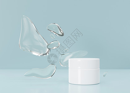 蓝色背景上带有抽象水形式的白色 空白 无品牌化妆品奶油罐 护肤品介绍 优雅的样机 护肤 美容和水疗 带复制空间的罐子 3D 渲染图片