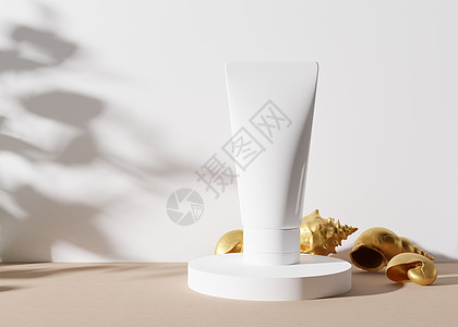 白色和空白的无品牌化妆品奶油管站在白色讲台上 上面有金色的贝壳 白色背景上的护肤产品介绍 豪华样机 带复制空间的管 3D 渲染图片