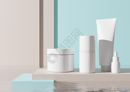 蓝色背景上的一组白色和空白 无品牌化妆品奶油罐和管 护肤品介绍 优雅的样机 护肤 美容和水疗 罐子 带复制空间的管子 3D 渲染图片