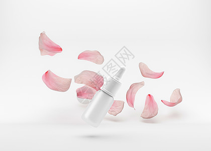 白色玻璃瓶化妆品液体在白色背景上 凝胶与花瓣在空中飞舞 滴瓶 透明质酸 油 血清 护肤品 3D 渲染图片