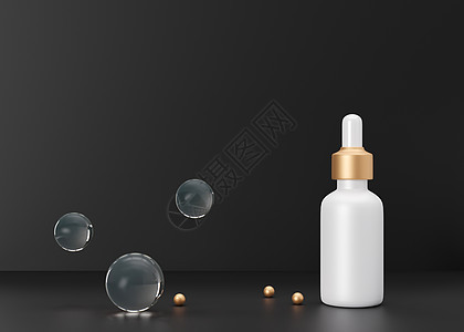 空白的无品牌化妆品血清瓶 黑色背景上的护肤产品介绍 小样 滴瓶 透明质酸 油 带复制空间的血清 3D 渲染图片