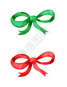 红色绿色圣诞丝带蝴蝶结的水彩手绘插图 冬季节日贺卡邀请函的可爱明亮装饰 复古复古装饰品 简约风格图片