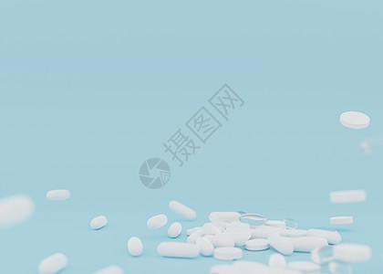 浅蓝色背景上的药丸 药品 药片 药房 健康 保健概念 免费 复制您的文本的空间 3d 渲染图片