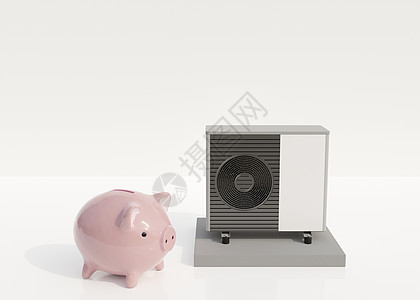 空气热泵和存钱罐在白色背景 现代 环保的供暖 使用空气源热泵节省您的钱 为您的文本 广告免费复制空间 3d 渲染图片