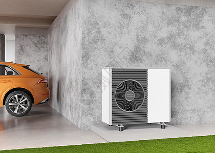 站在户外的空气热泵 现代 环保的供暖 用气泵省钱 空气源热泵是一种高效的可再生能源 3d 渲染技术机器气候电气加热活力护发素来源图片