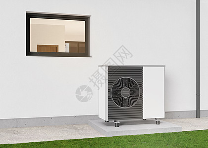 站在户外的空气热泵 现代 环保的供暖 用气泵省钱 空气源热泵是一种高效的可再生能源 3d 渲染建筑房子电气盒子护发素技术来源力量图片