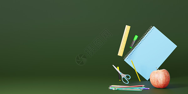 绿色背景的学校文具用品 带有文本的可用空间 与学校用品的创造性 五颜六色的背景 带有复制空间的横幅 尺子 铅笔 剪刀 苹果 3D图片