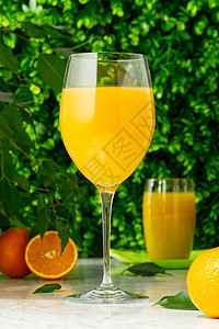 一杯新鲜橙汁 绿色背景上含新鲜果实的鲜橙汁饮料花园食物桌子果汁液体乡村热带早餐饮食图片