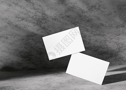 粗糙的混凝土表面上的空白白色名片 品牌标识的样机 两张牌 显示双方 图形设计师的模板 自由空间 复制空间 3D 渲染卡片商业嘲笑图片