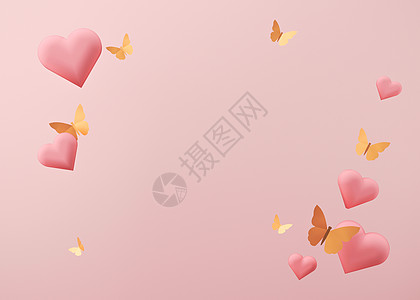 粉红色的心和金色的蝴蝶 妇女节 母亲节 婚礼 周年纪念背景 带有文本 复制空间的自由空间 明信片 贺卡设计 时尚模板 3D 插图图片