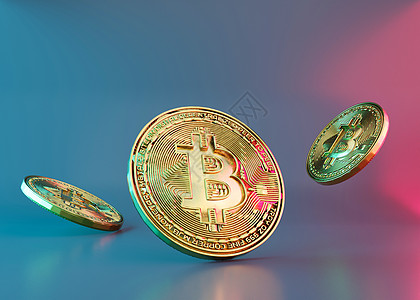 带霓虹灯的加密货币金色比特币硬币 加密货币的符号用于网上银行和国际网络支付的电子虚拟货币 商业 金融 技术 3D渲染投资银行交换图片