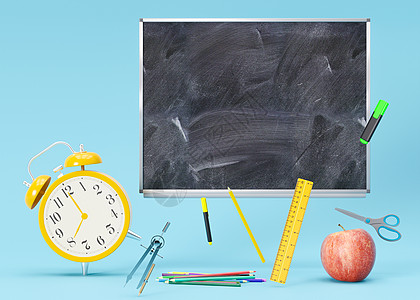蓝色背景的学校文具用品 带有文本的可用空间 与学校用品的创造性 五颜六色的背景 带复制空间的布局 尺子 铅笔 剪刀 苹果 3D 图片