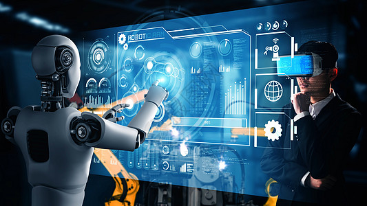网络化工业机器人和工人在未来工厂中共同工作的人类工人以及友谊机器人手臂生产质量招聘技术商业电脑电子人图片