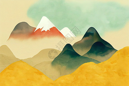 山地背景 带水彩刷的最小风景艺术冒险插图海报自然日出太阳风格爬坡线条蓝色图片