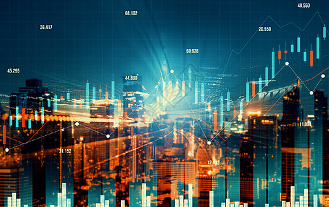 金融图表与现代城市领域重叠 用于商业概念 b 财务图表生长统计银行交换成功景观外汇货币技术数据图片