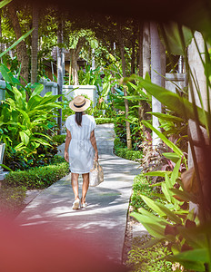 度假时戴帽子在热带花园散步的亚裔妇女房子裙子成人农业场地植物旅行公园女性幸福图片