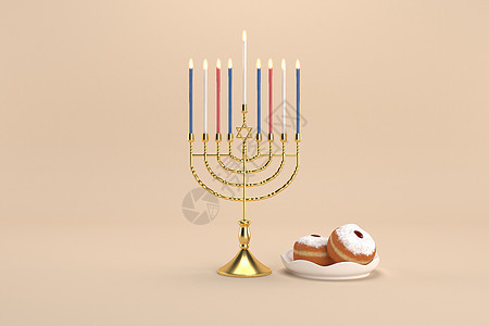 以黄色背景拍摄犹太节日Hanukkah与menorah或传统Candelabra和甜甜圈图片