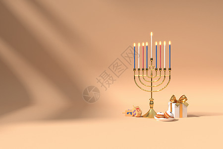 3d 翻译犹太节日Hanukkah的图像 以更年期或传统的Candelabra gif盒和木制屈膝或棕色背景旋转图片