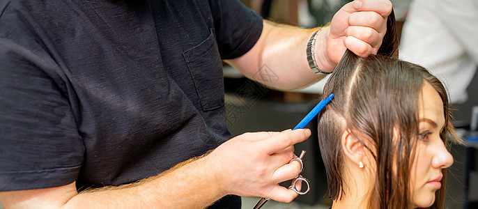 发型师将女性头发分成几部分 梳子抓头发 手放在发廊里紧闭护理女孩理发马尾辫职业线条梳理工作离别黑发图片